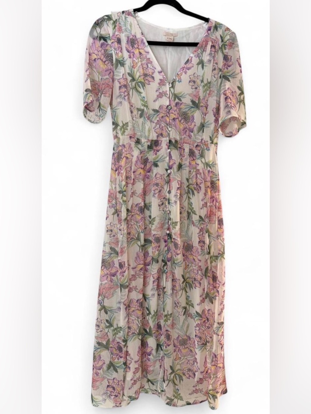 H&M Floral Button-Front Maxi Dress in Soft Beige and Pastel Florals